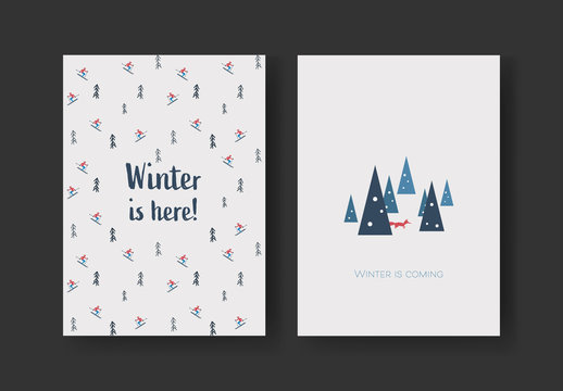 Winter Postcard Card Layout with Skiers and Fox