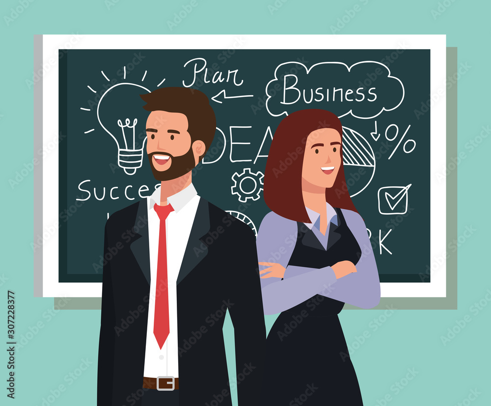 Poster business couple and chalkboard with business plan graphics vector illustration design