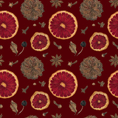 Christmas seamless pattern with oranges and spices and cones on a red