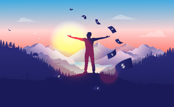 Financial freedom -  man doing a freedom pose at sunset, with beautiful landscape, forest and mountain view, money raining from the sky. Passive income, rich, success concept in vector illustration.
