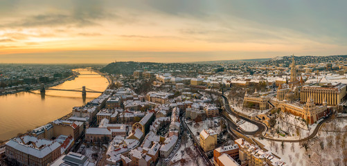 Aerial panoramic view from Budapest. Included Danube with Szechenyi chain bridge, Buda castle,...