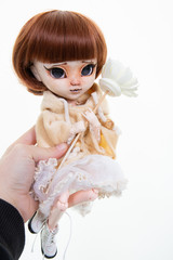 Doll in girl hand with flower daisies