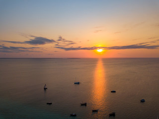Beautiful Zanzibar Nungwi beach at sunset time aerial view
