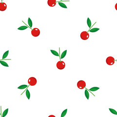 Seamless red ripe cherry berry fruit vector pattern on white background.