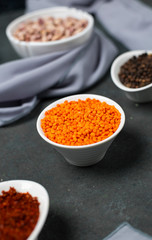  beans, pea, rice,  lace and herbs with wooden background