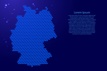 Germany map from 3D blue cubes isometric abstract concept, square pattern, angular geometric shape, glowing stars. Vector illustration.