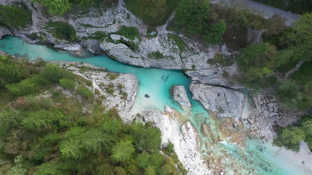 Aerial Vertical View Over The Surface Of A Mountain River Soca.camera move Down