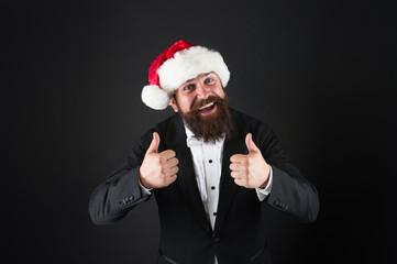 Best way to celebrate coming of new year. Happy businessman like new year celebration. Bearded man show thumbs ups. New year party. Merry Christmas. Happy new year. Enjoy and have fun