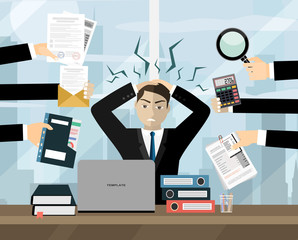 Stress at work concept flat illustration. Stressed out men in suit with glasses, in office at the desk surrounded by hands with office things
