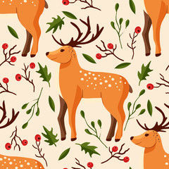 Seamless woodland vector pattern.Seamless woodland vector pattern with cute forest deer animal in a flat style with red berries. Cartoon fawn funny design.