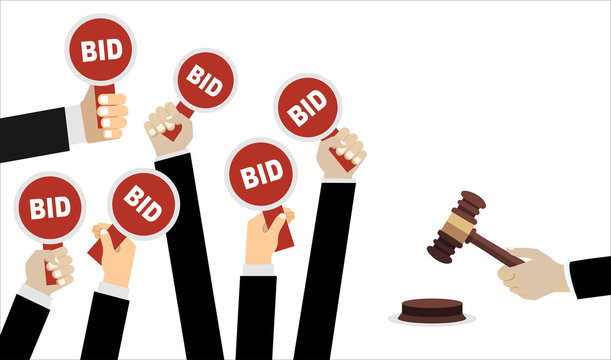 Auction And Bidding Concept. Hand Holding Auction Paddle. Flat Vector Illustration.