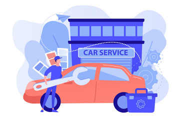 Auto tuner with wrench and toolbox doing vehicle modification at car service. Car tuning, car body shop, vehicle music upgrade concept. Pinkish coral bluevector isolated illustration