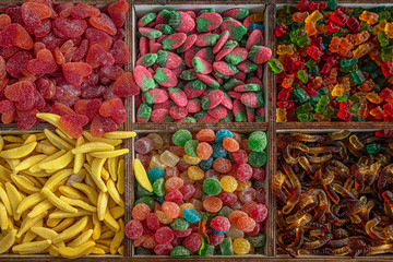 multi-colored chewing marmalade on a market counter