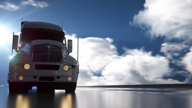Truck on the road, highway. Blue sky background. Transport and logistics concept. 3d Illustration