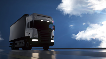 Fototapeta na wymiar White cargo truck moving on highway. Blue sky background. Transport and logistics concept. 3d Illustration