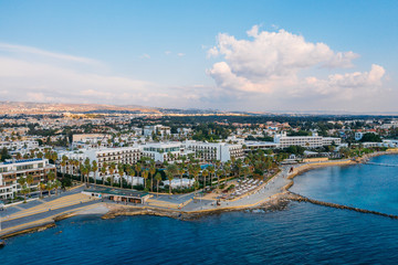 Fototapeta premium Aerial view of Paphos embankment or promenade from water. Famous Cyprus mediterranean resort. Travel concept, drone photo.
