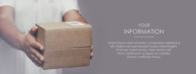 Deliveryman hold parcel box. Freight transportation. Express delivery. Web article template. Long...
