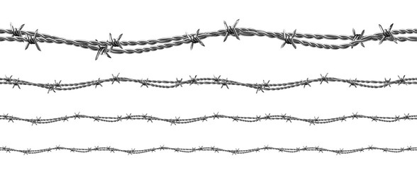 Twisted Barbed Wire Seamless Pattern Set Vector. Collection Of Modern Flexible Metal Wire. Industrial Cord With Spikes For Security And Safety Forbidden Areas Layout Realistic 3d Illustrations - obrazy, fototapety, plakaty