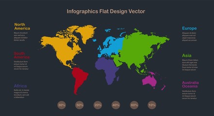 Infographics World maps with individual continents and labels with names, on a dark background vector