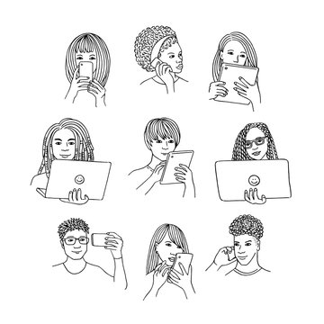 Hand drawn isolated people with smartphone, tablet or laptop, black and white line drawing