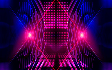 Dark empty scene, neon. Abstract futuristic neon background. Searchlight light, wet asphalt, smoke, night view, rays.