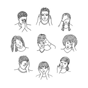 Hand drawn isolated people with sad, depressed and anxious facial expressions, black and white line drawing