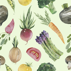 Watercolor vegetable seamless pattern on white background. Beetroot, carrot, cucumber, tomato, onion, garlic, potato, bell peppers.  illustration.