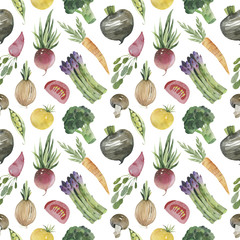Watercolor vegetable seamless pattern on white background. Beetroot, carrot, cucumber, tomato, onion, garlic, potato, bell peppers.  illustration.