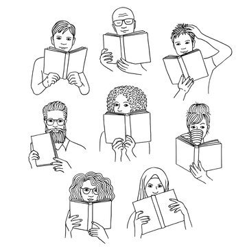 Hand drawn isolated diverse people reading books, black and white line drawing