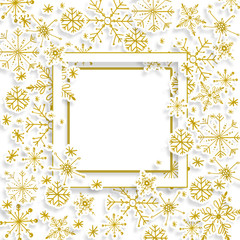 Hand painted Christmas golden snowflakes template. Decorative Snowflakes frame in modern line style isolated on white background. Perfect for card, invitation, logo design, etc.