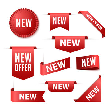 Set of New Offer Sale Tags. Red ribbon Banners isolated on white background. Vector labels or badges