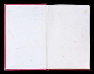 Antique book unfolded on the Endpaper, showing aged textured paper inside, isolated on black...