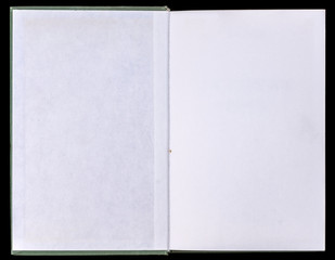 Book unfolded on the Endpaper, showing blank paper inside, isolated on black background. - 307237360