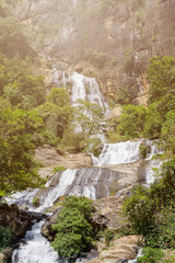 Beautiful view of the mountains and the waterfall