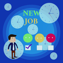 Text sign showing New Job. Business photo showcasing signing contract Finding work opportunity Seeking better salary White Male Questionnaire Survey Choice Checklist Satisfaction Green Tick