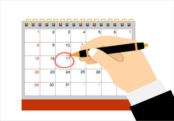 Red circle. Mark on the calendar at 17. Vector flat calendar illustration