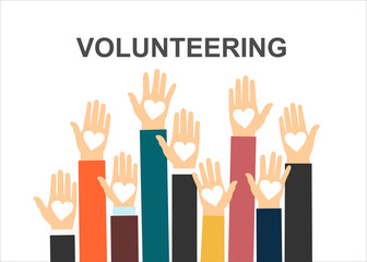 Hands with hearts. Raised hands volunteering vector concept