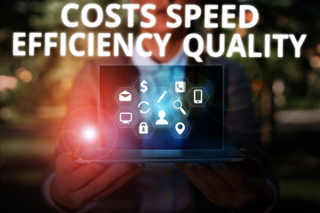 Writing note showing Costs Speed Efficiency Quality. Business concept for Efficient operation inputs outputs balance