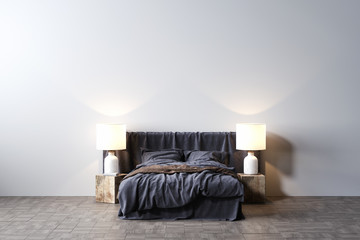 King size bed in front of a white empty wall, Mock-up space, 3D Rendering, 3D Illustration