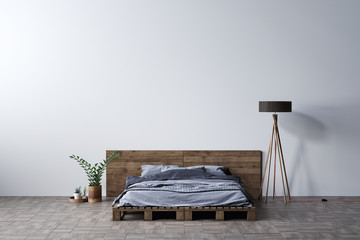 Pallet bed in front of a white empty wall, Mock-up space, 3D Rendering, 3D Illustration