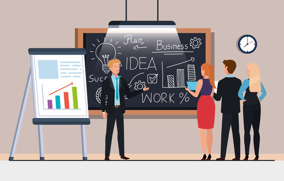 Business People And Chalkboard With Business Plan Graphics Vector Illustration Design