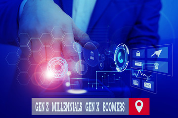 Handwriting text writing Gen Z Millennials Gen X Boomers. Conceptual photo Generational differences Old Young showing Male human wear formal work suit presenting presentation using smart device