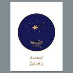 Simple minimal Christmas greeting card template with newborn Jesus in the manger and golden star, on round night dark blue background. Template . Vector.