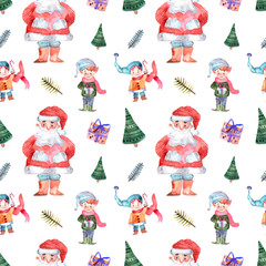 Christmas watercolor seamless pattern with Santa, elf, trees, gift and stars on white background. Perfect for wallpaper and greeting cards.