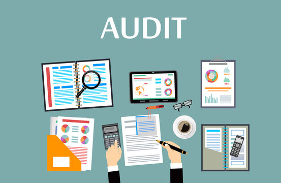 Auditing concepts. Auditor at table during examination of financial report. Tax process. Research, project management, planning, accounting, analysis, data. Vector illustration flat design.