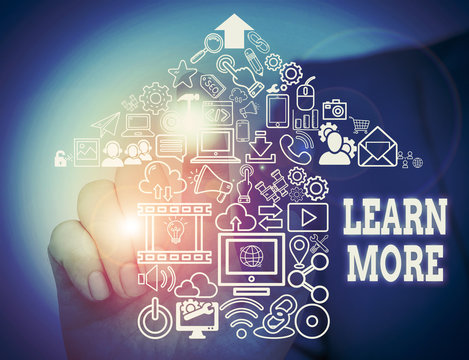 Conceptual hand writing showing Learn More. Concept meaning Deepen knowledge of the thing you want to do or new skill Male wear formal suit presenting presentation smart device