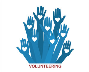 Hands with hearts. Raised hands volunteering vector concept