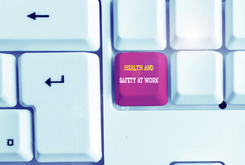Text sign showing Health And Safety At Work. Business photo text Secure procedures prevent accidents avoid danger White pc keyboard with empty note paper above white background key copy space