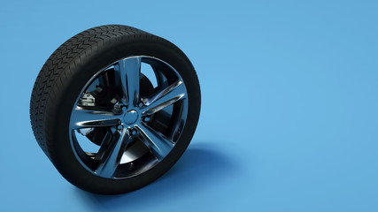 Car wheel isolated on blue background. Tyre. Poster booklet cover design. 3d illustration