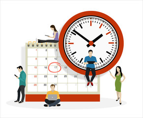 Flat business people planning operation, circle mark on calendar. Business operations planning and scheduling concept.